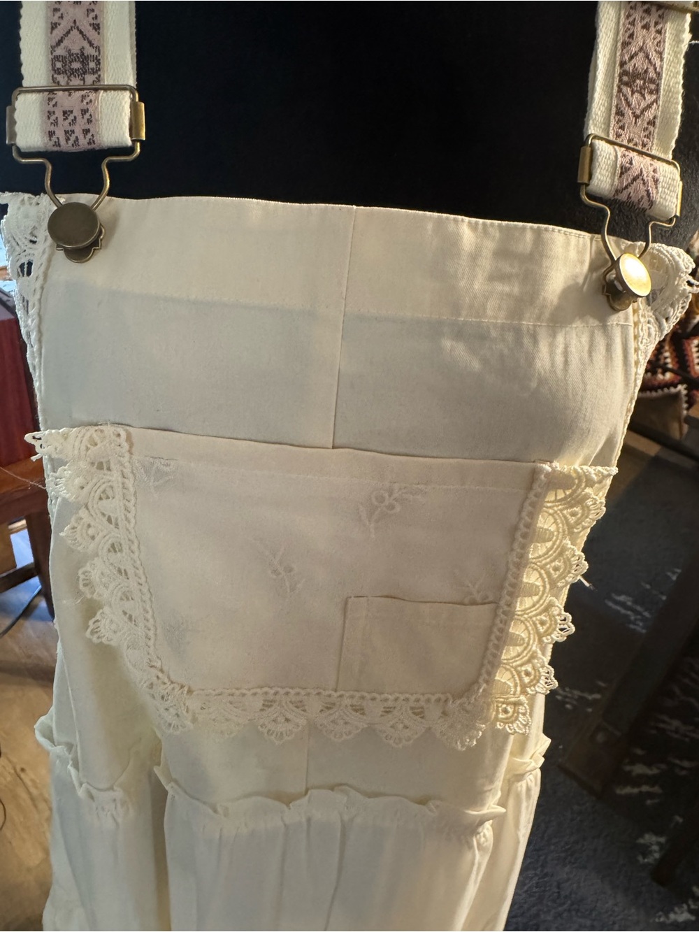 Boho Lace-Trim Cream Maxi Pinafore Dress - Picture 2 of 6